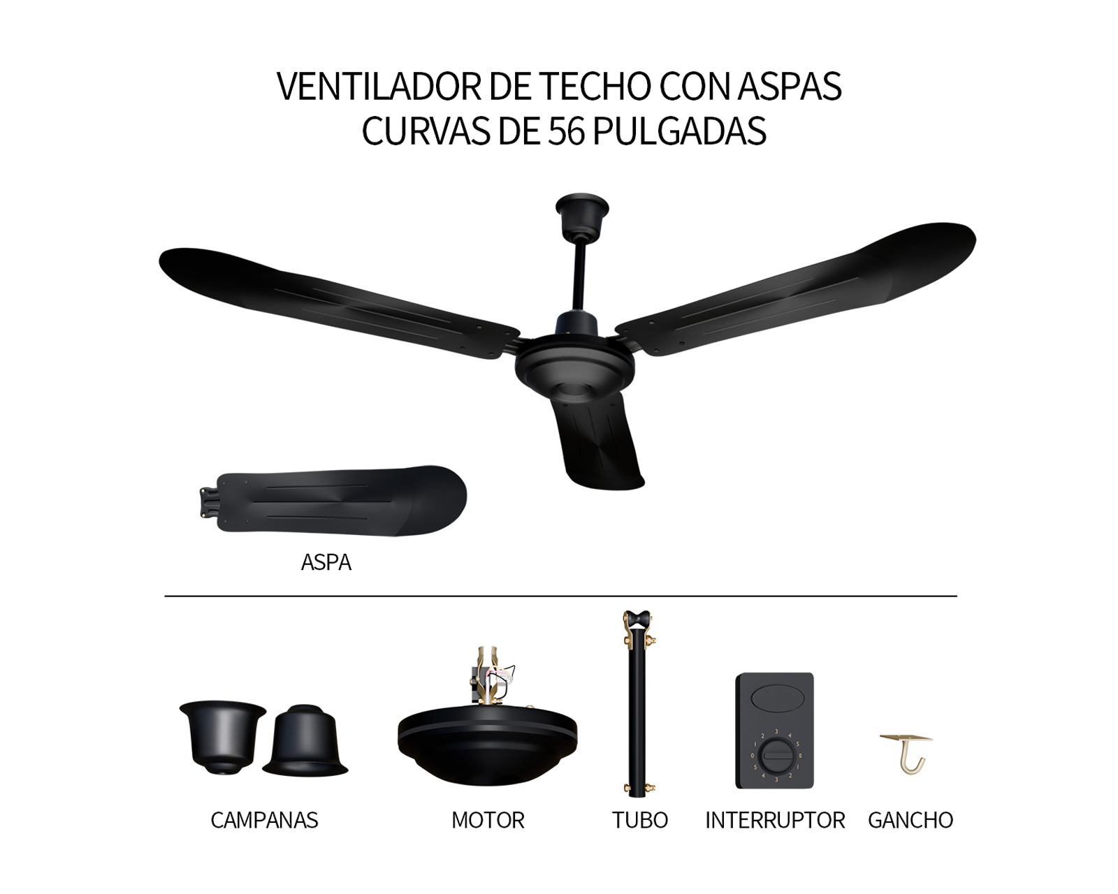 Foto 5 pulgar | Ventilador De Techo 56'' Kit 3 Piezas Basitex Color Negro