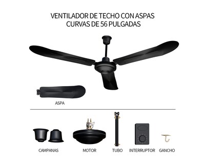 Foto 4 | Ventilador De Techo 56'' Kit 3 Piezas Basitex Color Negro