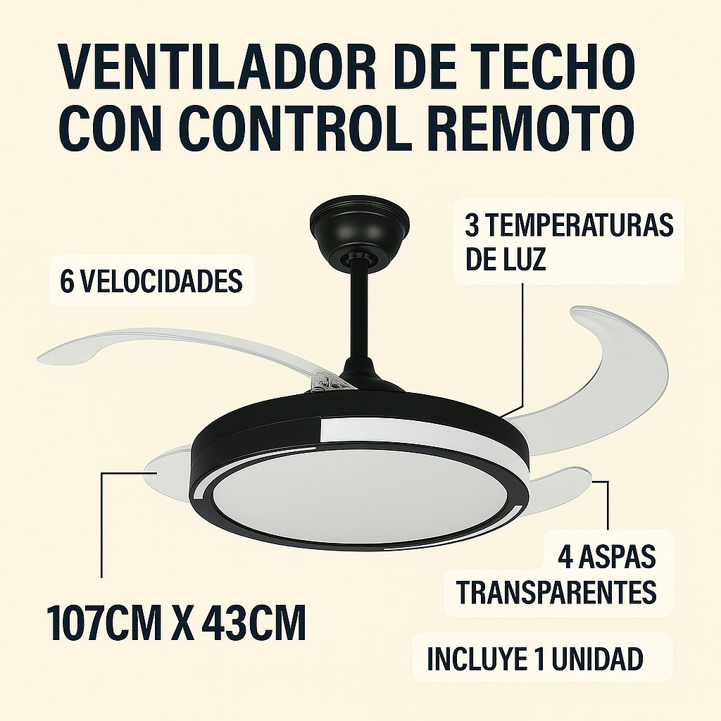 Foto 4 | Ventilador De Techo Con Control Remoto – 6 Velocidades, 3 Temperaturas De Luz Y 4 Aspas Transparentes 🌬️💡