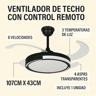 Foto 4 | Ventilador De Techo Con Control Remoto – 6 Velocidades, 3 Temperaturas De Luz Y 4 Aspas Transparentes 🌬️💡