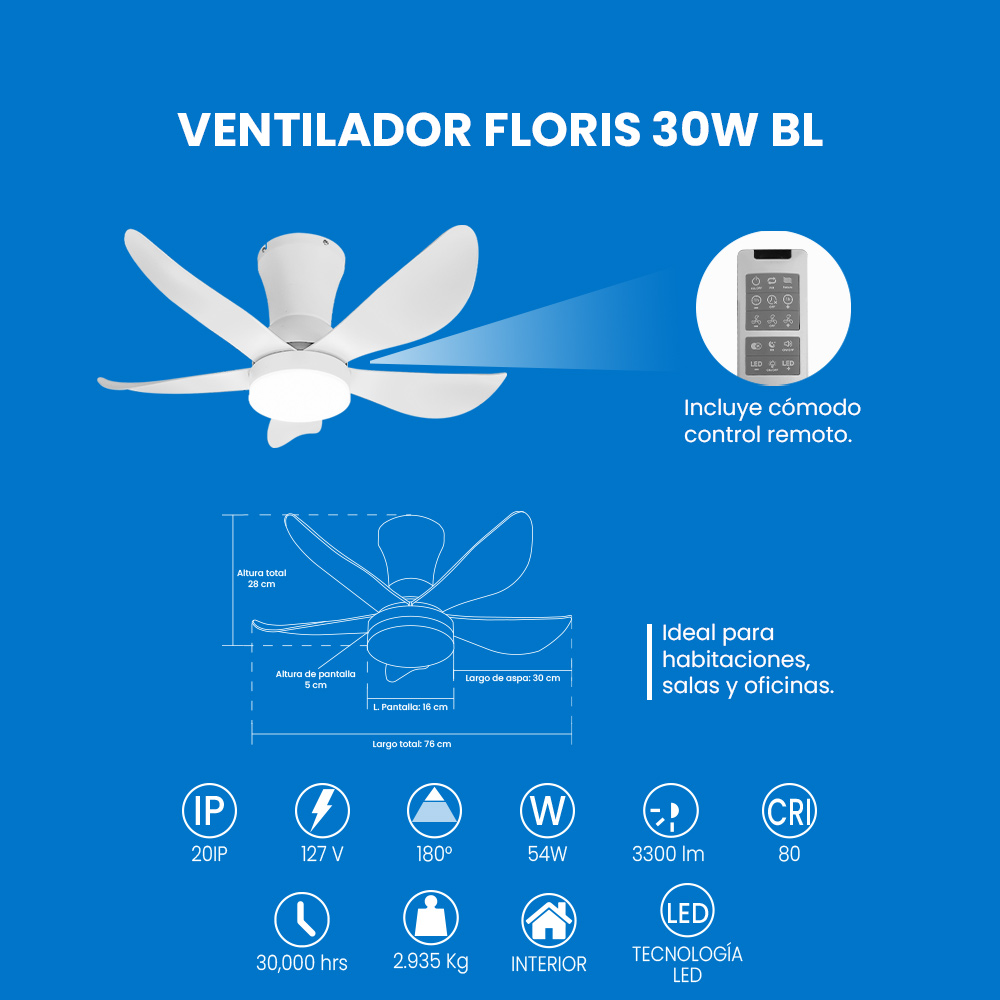 Foto 5 pulgar | Mil Luces  Ventilador Floris 30w Bl
