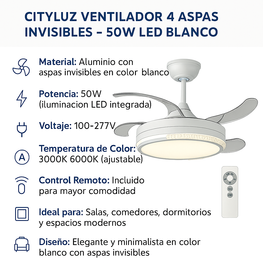 Foto 4 pulgar | Ventilador 4 Aspas Invisibles – 50w Led Blanco, 6 Velocidades
