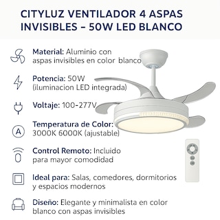 Foto 3 | Ventilador 4 Aspas Invisibles – 50w Led Blanco, 6 Velocidades