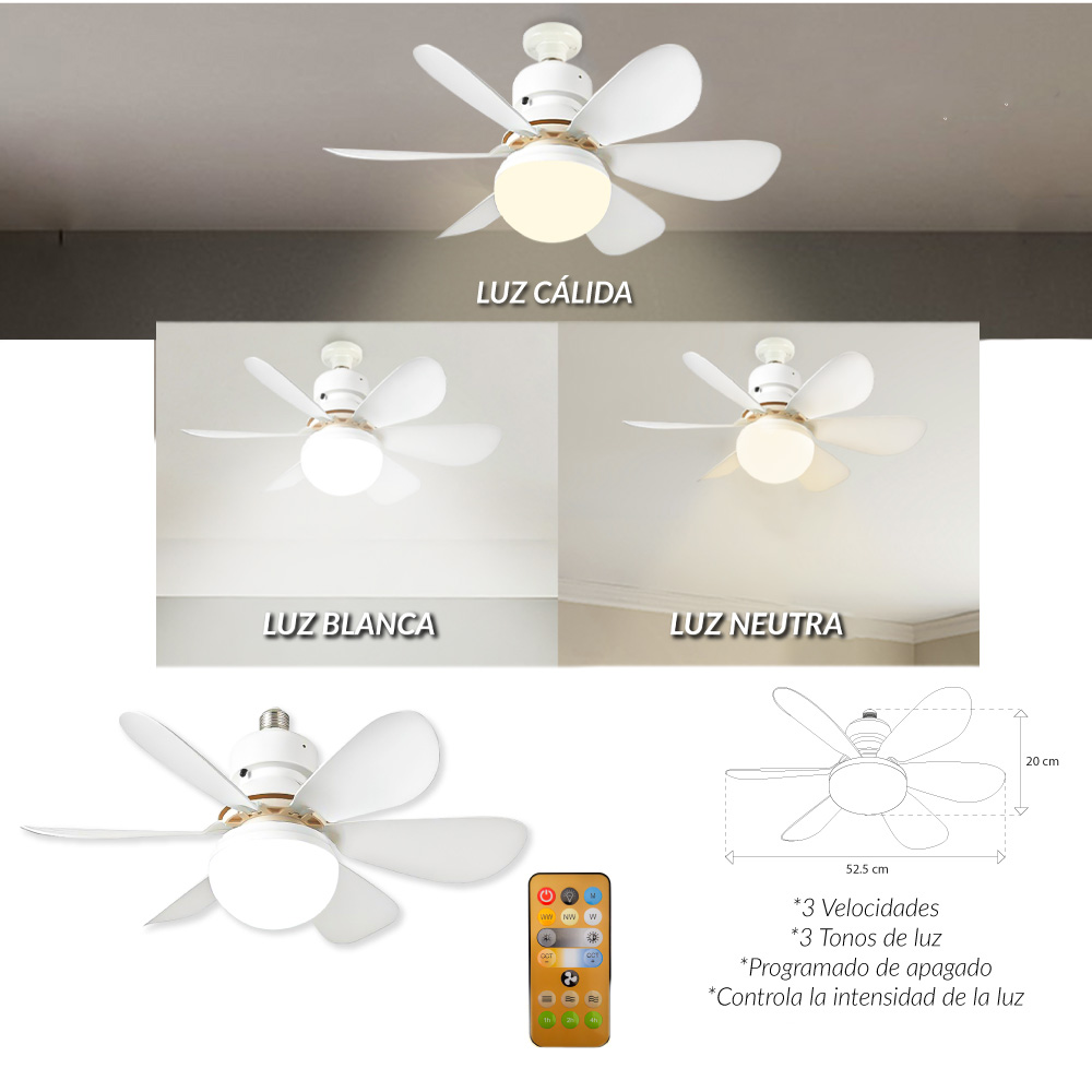 Foto 6 pulgar | Cityluz Ventilador Con Control Remoto – 5 Aspas, 3 Velocidades Y 3 Temperaturas De Luz, 45cm X 19cm, Incluye 1 Unidad