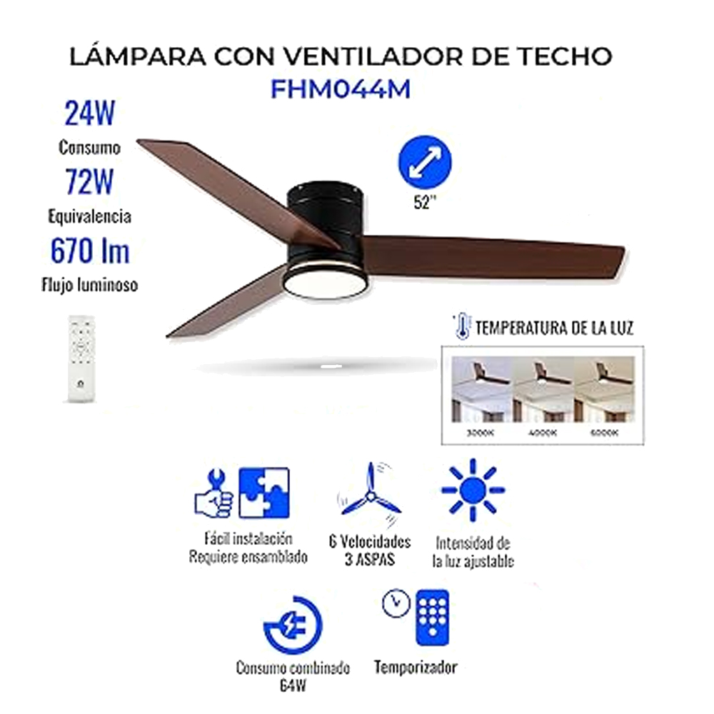 Foto 4 pulgar | Ventilador De Techo 52 Pulgadas 6 Velocidades Control Remoto Iluminación Led Luz Fría-cálida-neutral Aspas Mdf Cafe