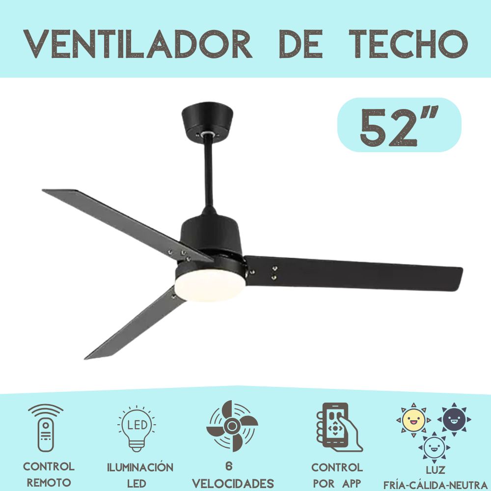 Foto 4 pulgar | Ventilador De Techo Iluminación Led 52 Pulgadas Luz Fría Cálida Neutral  Control Remoto Y Control Por App 6 Velocidade