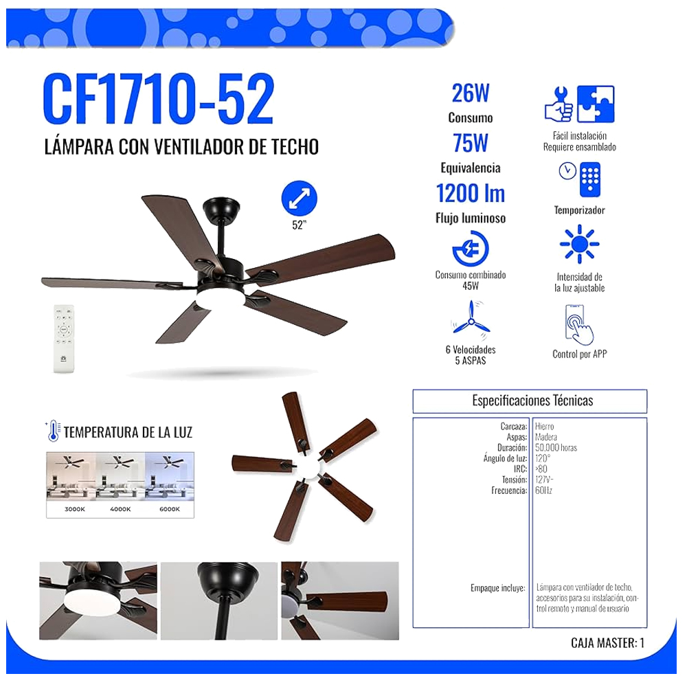 Foto 4 pulgar | Ventilador  De Techo 52 Pulgadas Iluminación Led Temporizador Luz Fría Cálida Neutral Ajustable Control Por App  Luz