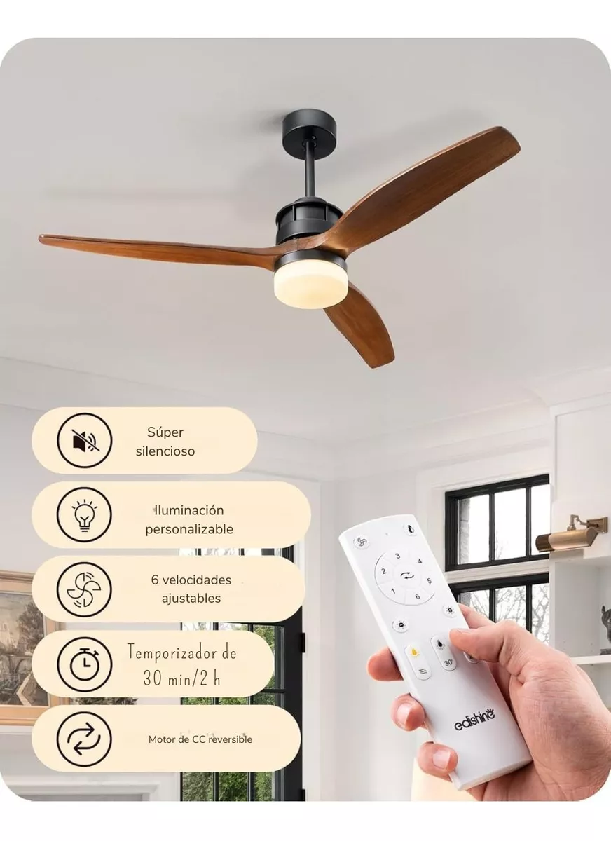 Foto 5 pulgar | Ventilador De Techo De 52 Pulg C/luz Edishine 3 Aspas Madera