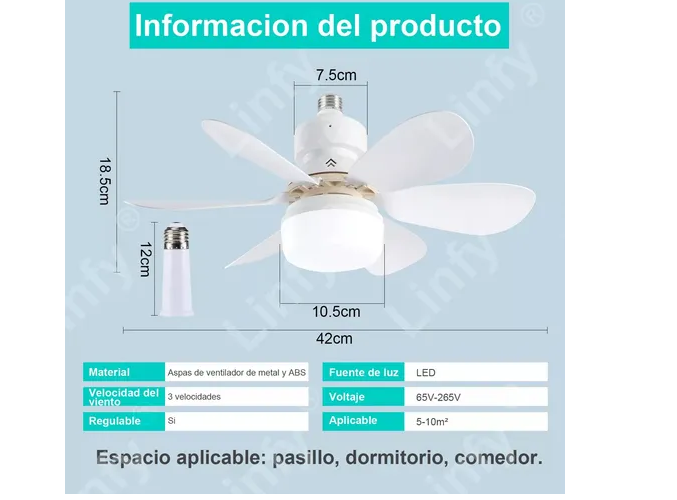 Foto 5 pulgar | Ventilador Xtellar De Techo E27 85-265v 40w Con Luz, Incluye Extensor