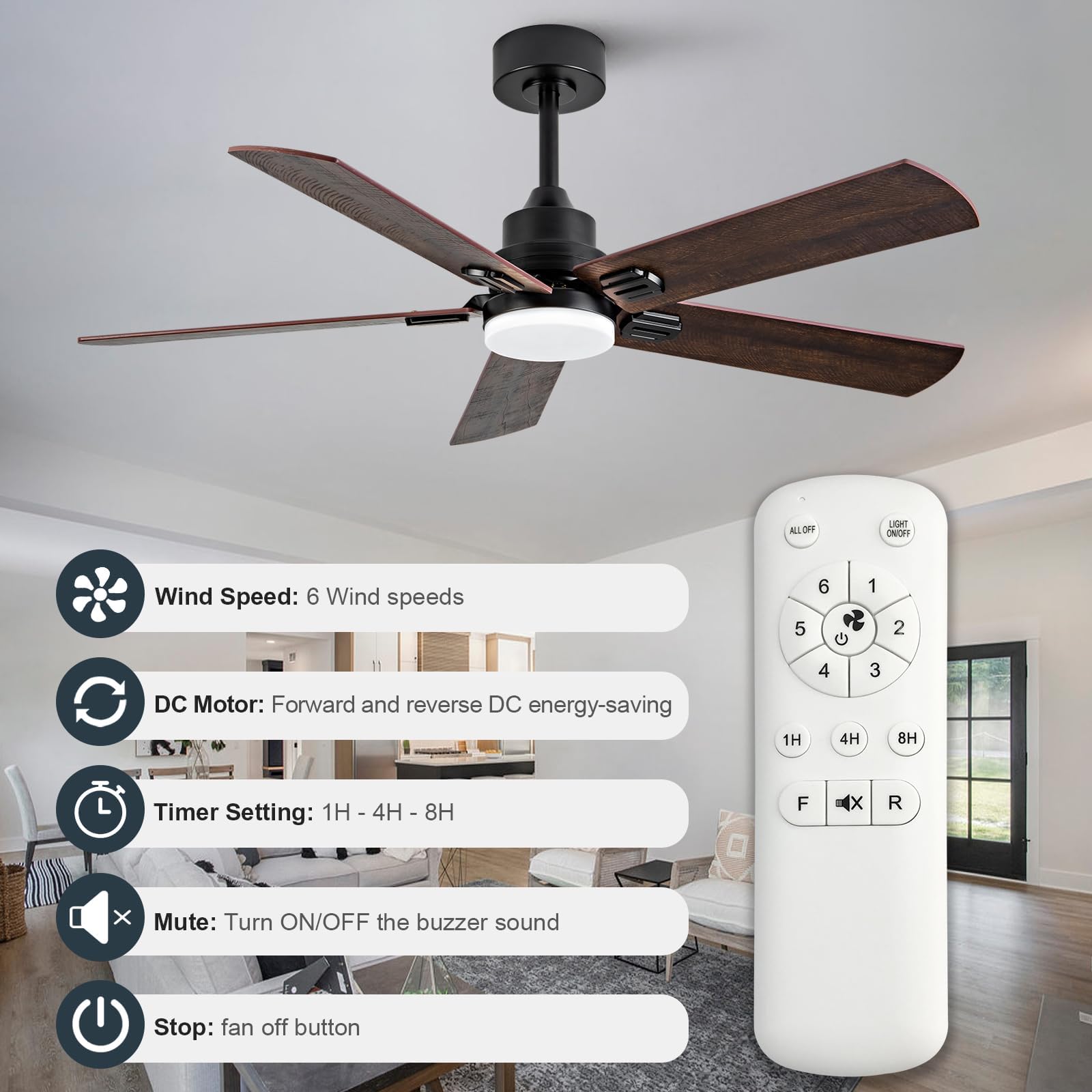 Foto 4 pulgar | Ventilador De Techo Boomjoy 132 Cm Con Luces Y Mando A Distancia, Color Negro - Venta Internacional.