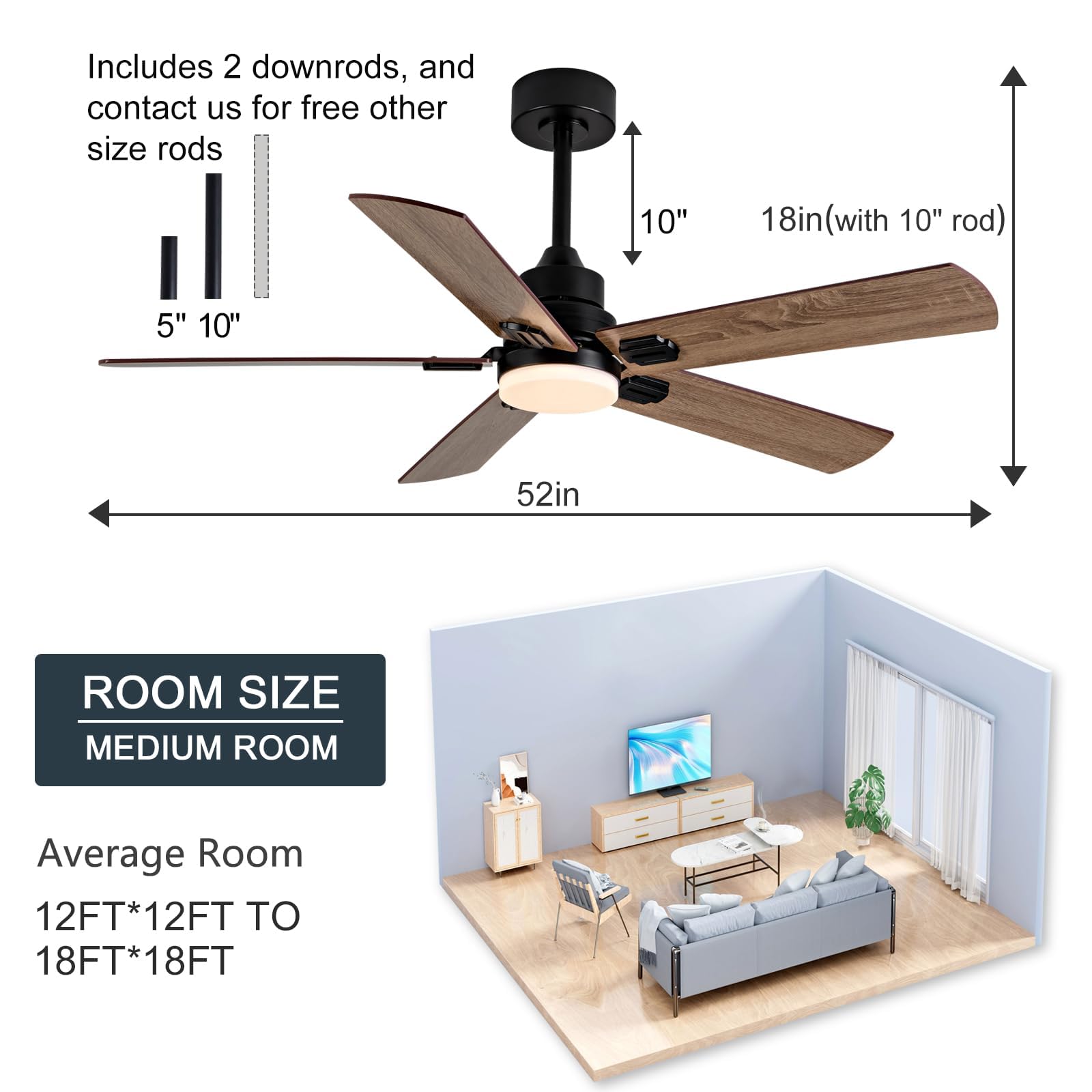 Foto 6 pulgar | Ventilador De Techo Boomjoy 132 Cm Con Luces Y Mando A Distancia, Color Negro - Venta Internacional.