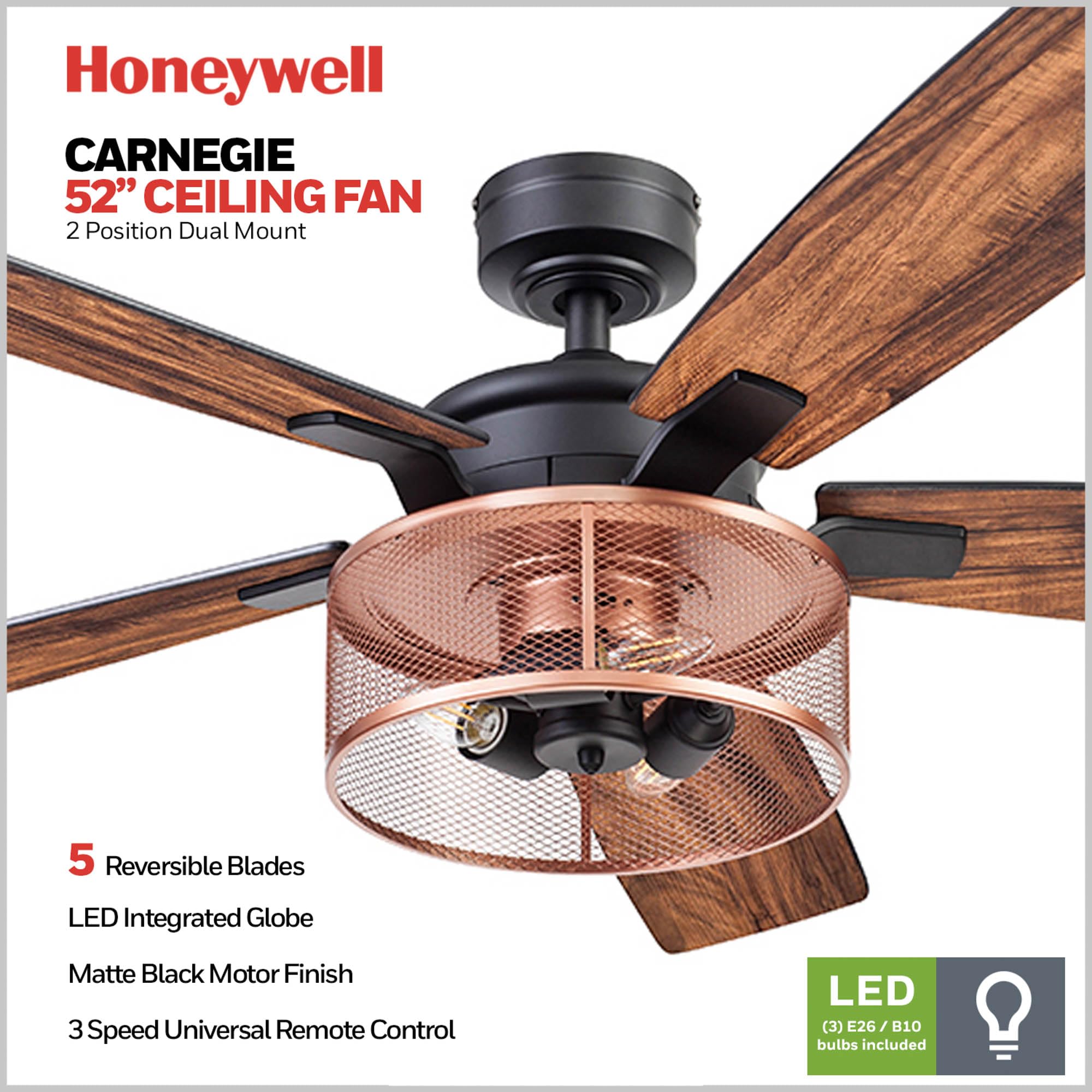 Foto 3 pulgar | Ventilador De Techo Honeywell Carnegie Industrial 132 Cm Con Luz - Venta Internacional.