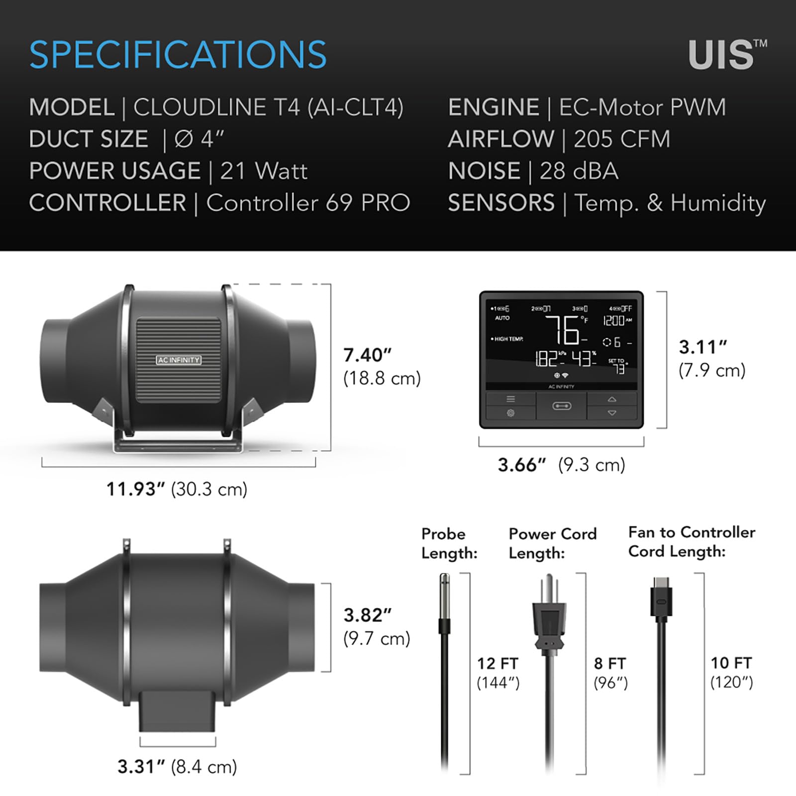 Foto 6 | Ventilador De Conducto En Línea Ac Infinity Cloudline Pro T4 De 4 Pulgadas Con Controlador - Venta Internacional.