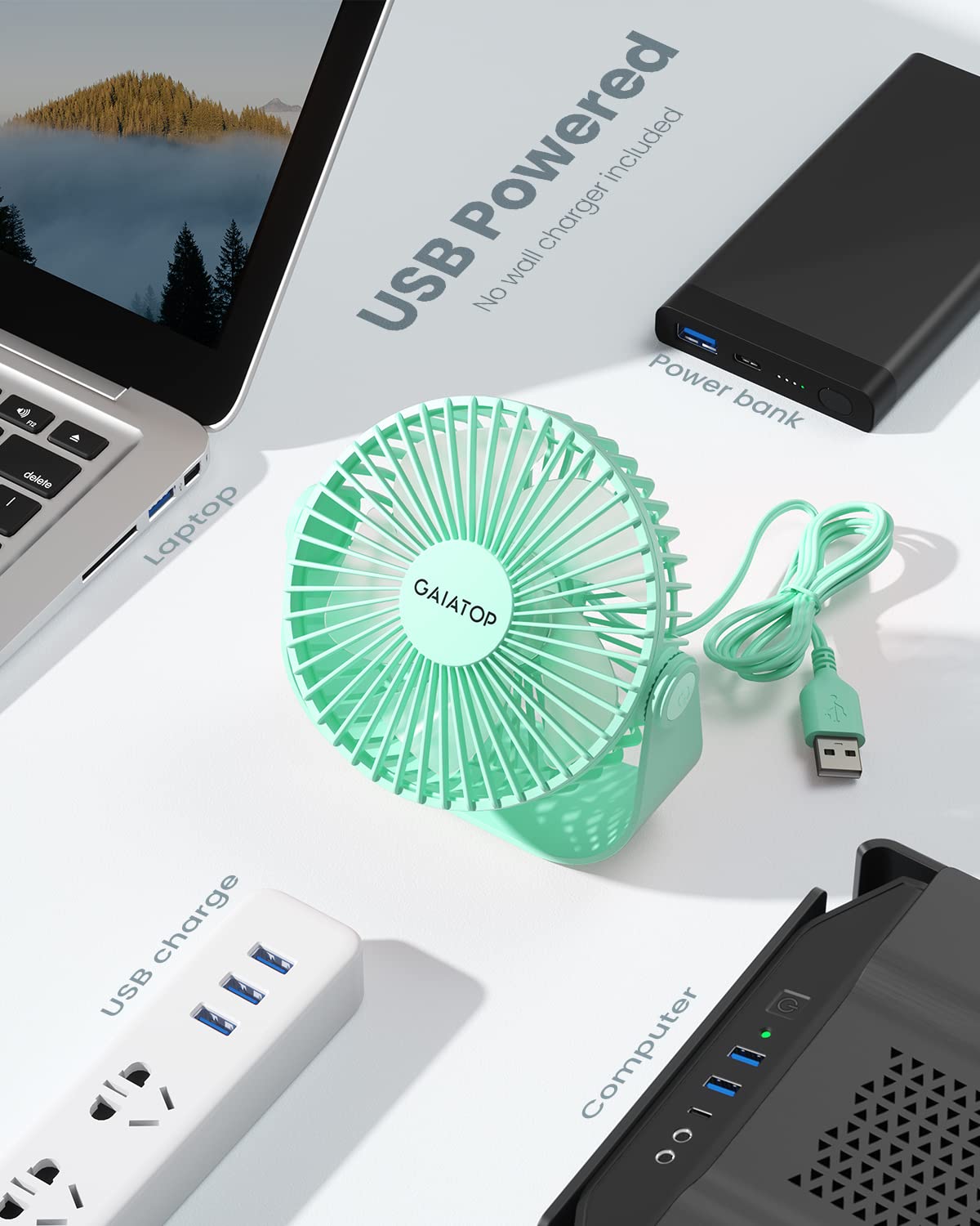 Foto 7 pulgar | Ventilador De Escritorio Gaiatop Usb Portátil De 3 Velocidades Con Fuerte Flujo De Aire Verde - Venta Internacional.