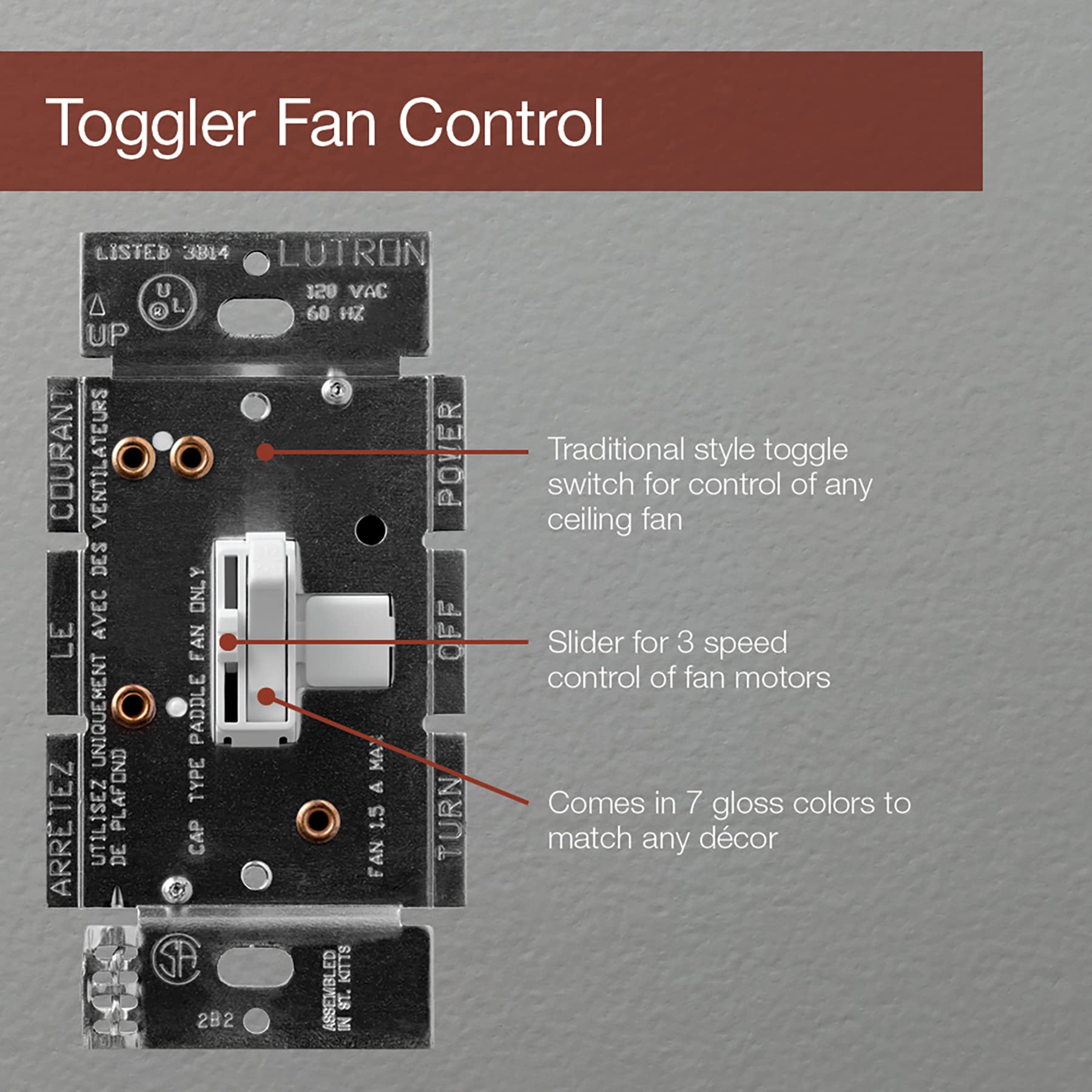 Foto 5 pulgar | Control De Ventilador Lutron Toggler, 3 Velocidades, 1,5 A, Unipolar Y 3 Vías - Venta Internacional.