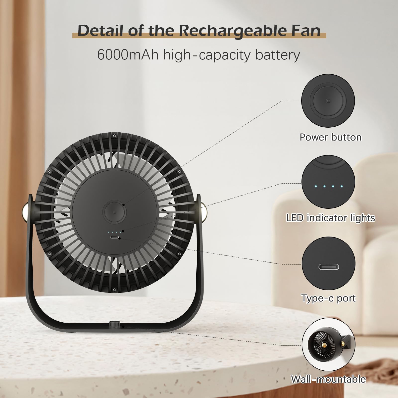 Foto 5 | Ventilador De Escritorio Civpower, De Circulación De Aire Recargable, 6000 Mah, Negro - Venta Internacional.