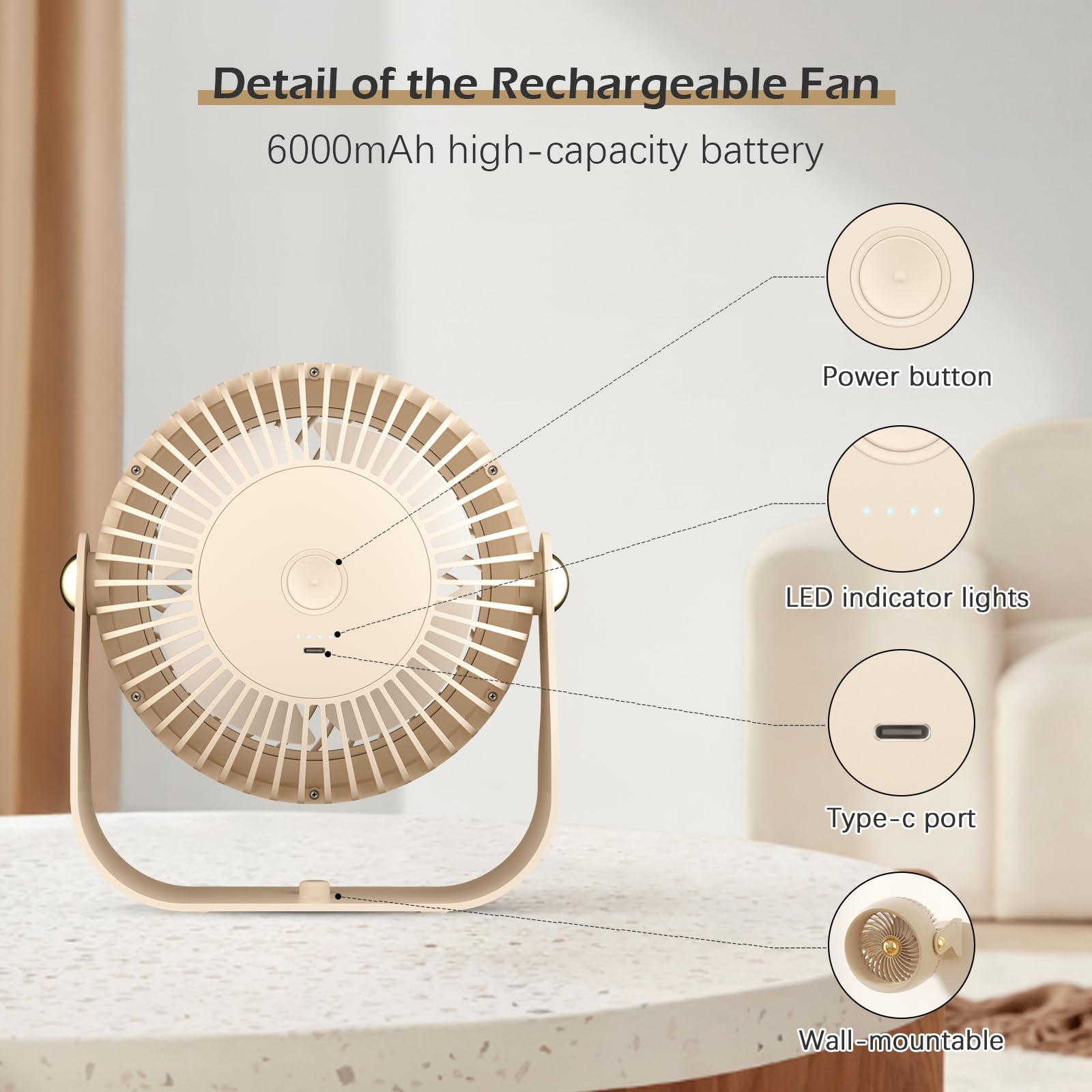 Foto 6 pulgar | Ventilador De Escritorio Con Circulación De Aire Civpower Recargable De 6000 Mah, Color Beige - Venta Internacional.