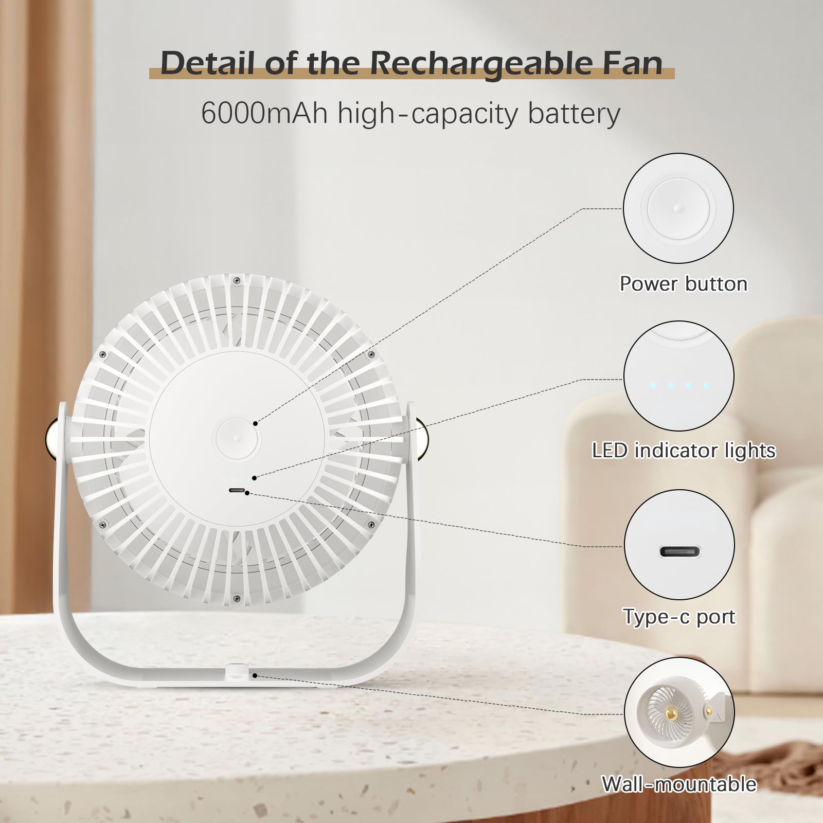 Foto 6 pulgar | Ventilador De Escritorio Civpower, De Circulación De Aire Recargable, 6000 Mah, Blanco - Venta Internacional.