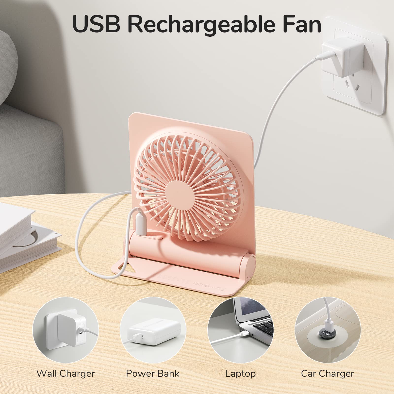 Foto 5 | Ventilador De Escritorio Jisulife, Pequeño, Portátil, Recargable Por Usb, 4500 Mah, Rosa - Venta Internacional.