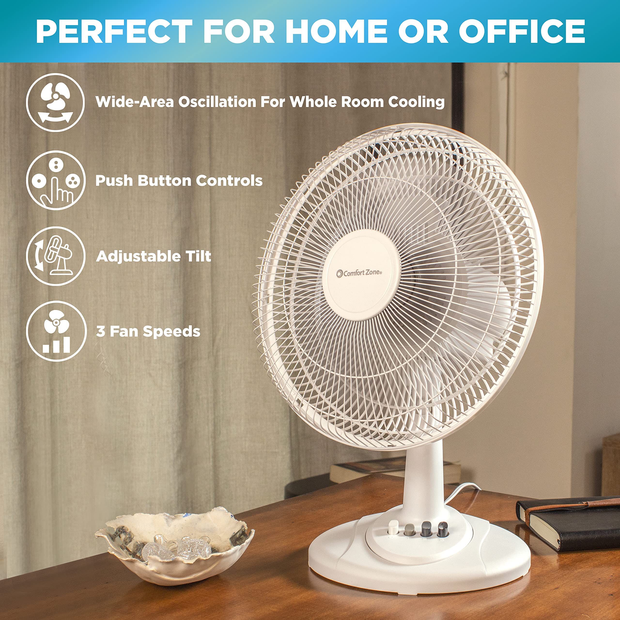 Foto 2 | Ventilador de Mesa Comfort Zone Cz121wt 30 Cm Oscilante De 3 Velocidades - Venta Internacional