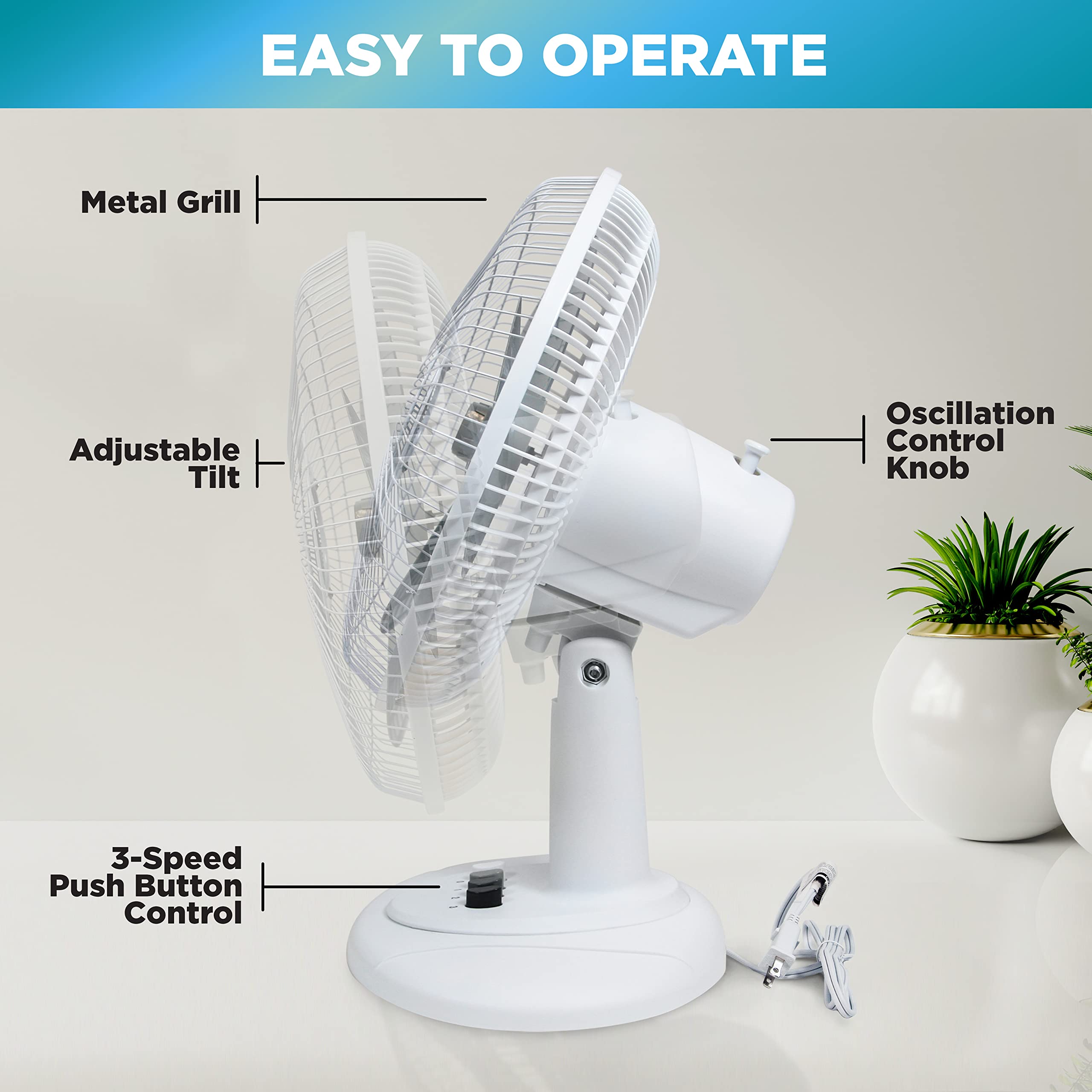 Foto 4 pulgar | Ventilador de Mesa Comfort Zone Cz121wt 30 Cm Oscilante De 3 Velocidades - Venta Internacional