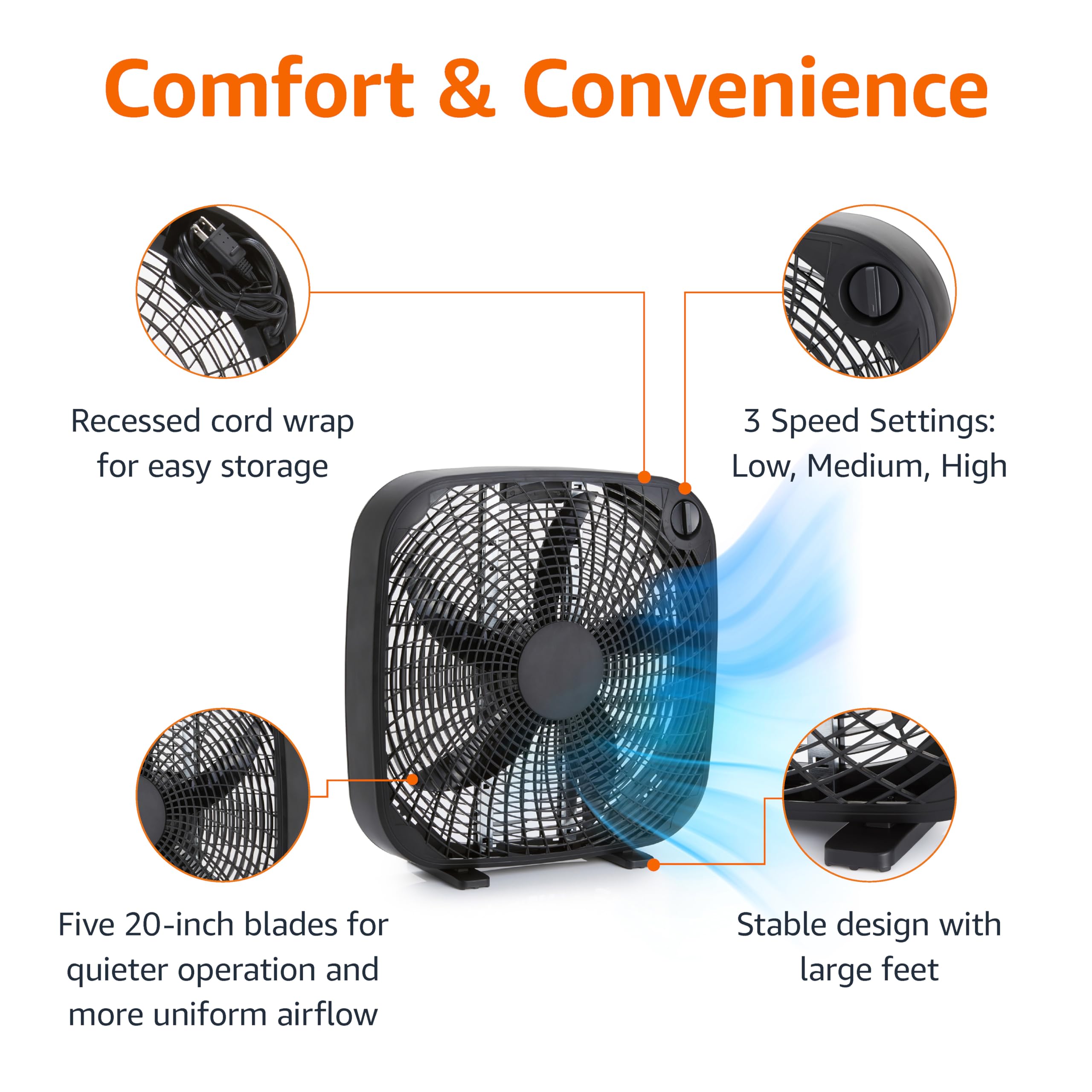 Foto 2 | Ventilador De Caja Amazon Basics De 20 Pulgadas, Potente Flujo De Aire De 3 Velocidades, Negro - Venta Internacional.