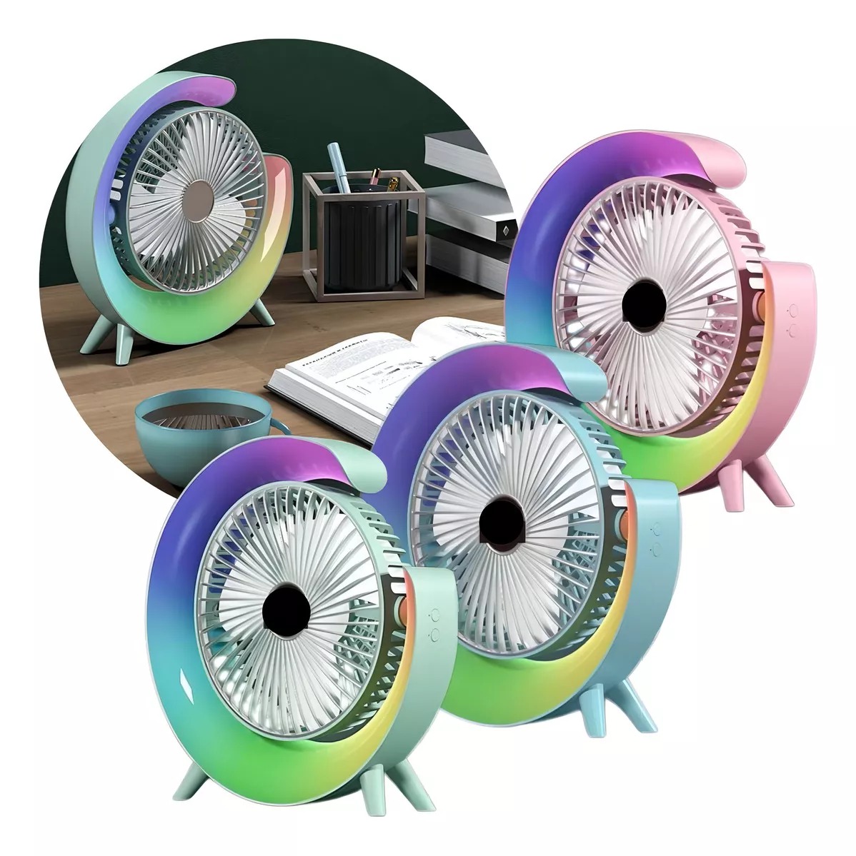 Foto 3 | Paquete 2x1 Ventilador De Mesa Con Lámpara Rgb Portátil Potente Estructura 23 Cm