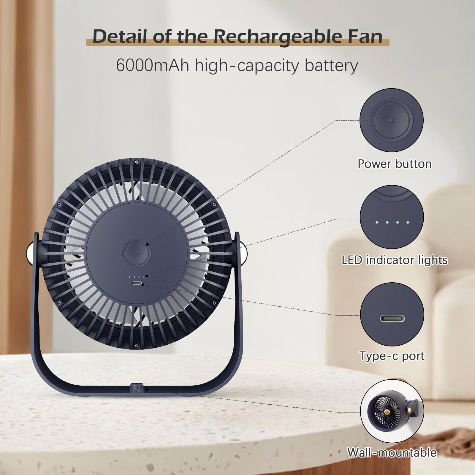Foto 6 pulgar | Ventilador De Escritorio Con Circulación De Aire Civpower, Batería Recargable De 6000 Mah - Venta Internacional.