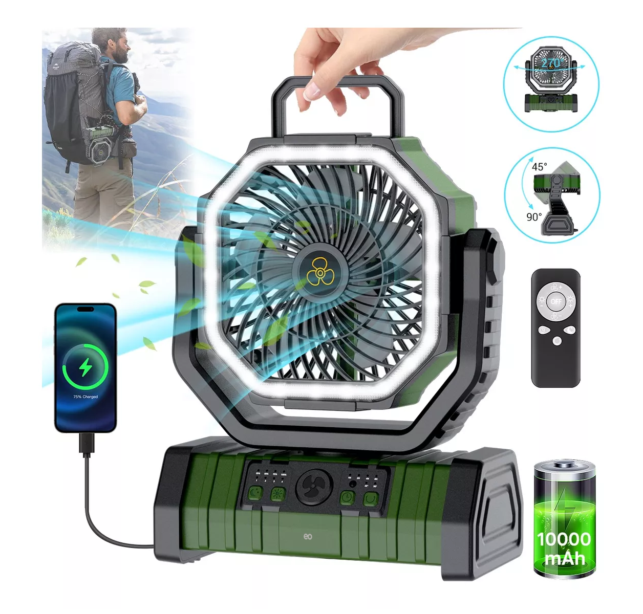 Foto 3 pulgar | Ventilador de Camping Recargable Portátil Eo Safe Imports ESI-12865-1 con Luz Led