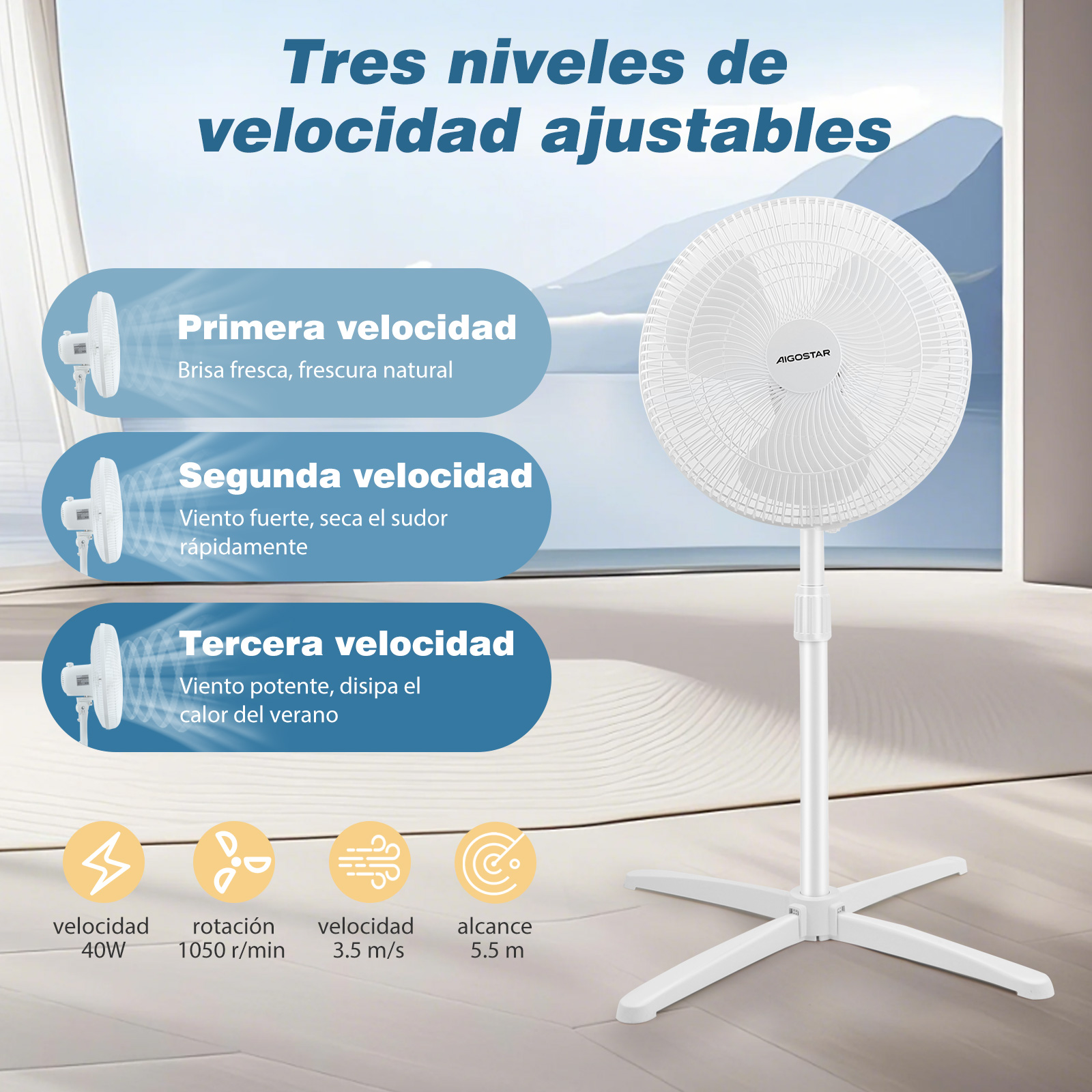 Foto 2 | Ventilador De Piso De Pedestal, 16'', Con 3 Aspas, Blanco