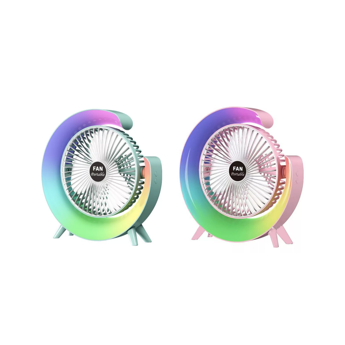 Dos Ventiladores Portátiles Con 3 Velocidades Usb Luz Led Colores Verde Y Rosa