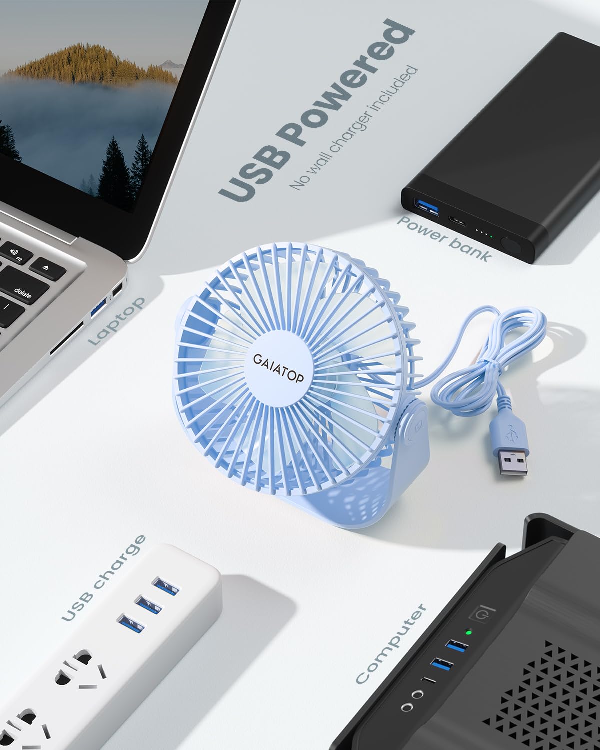 Foto 7 pulgar | Ventilador De Escritorio Gaiatop Usb Con Rotación De 90° Y 3 Velocidades  Color Azul - Venta Internacional.