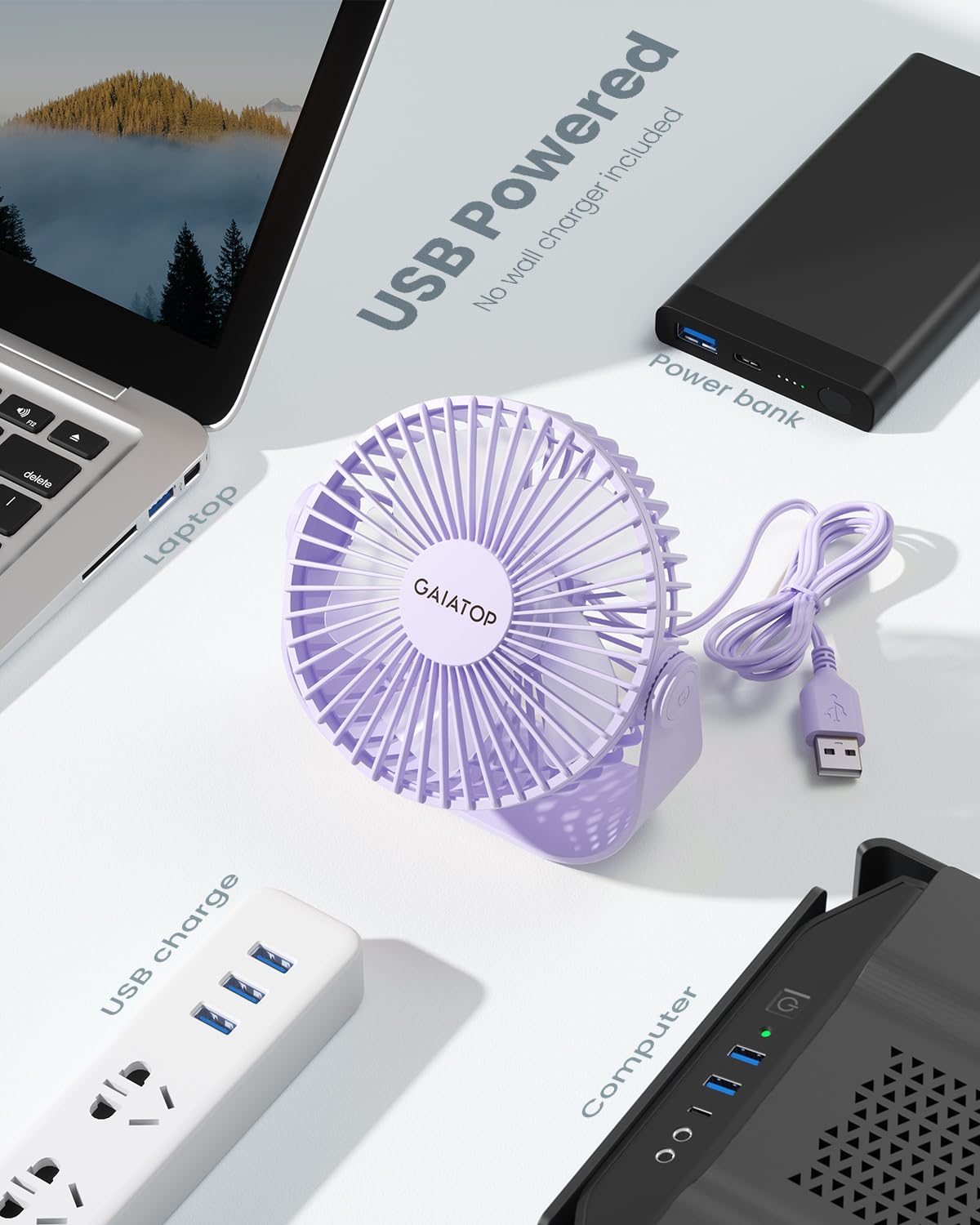 Foto 7 pulgar | Ventilador De Escritorio Gaiatop Usb Con Rotación De 90°  3 Velocidades  4 8 M/s  Morado - Venta Internacional.