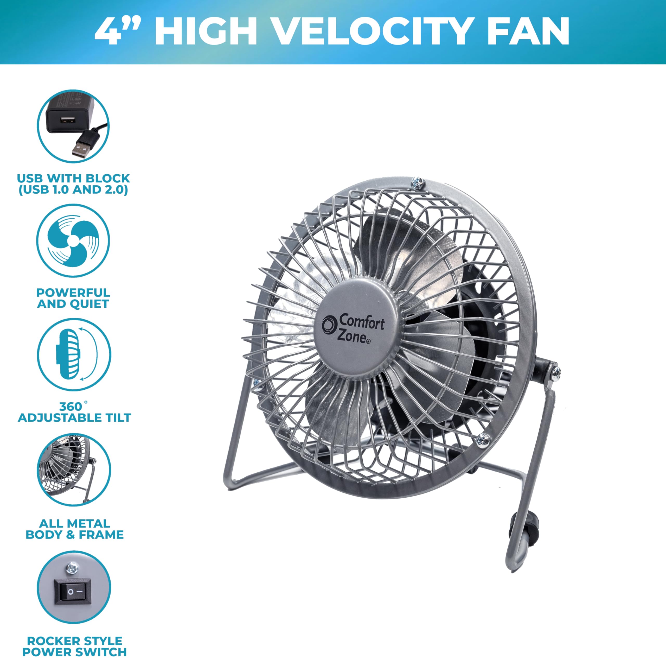 Foto 2 | Ventilador De Escritorio Comfort Zone Totalmente Metálico De 10 Cm Con Usb O Cable De Alimentación - Venta Internacio