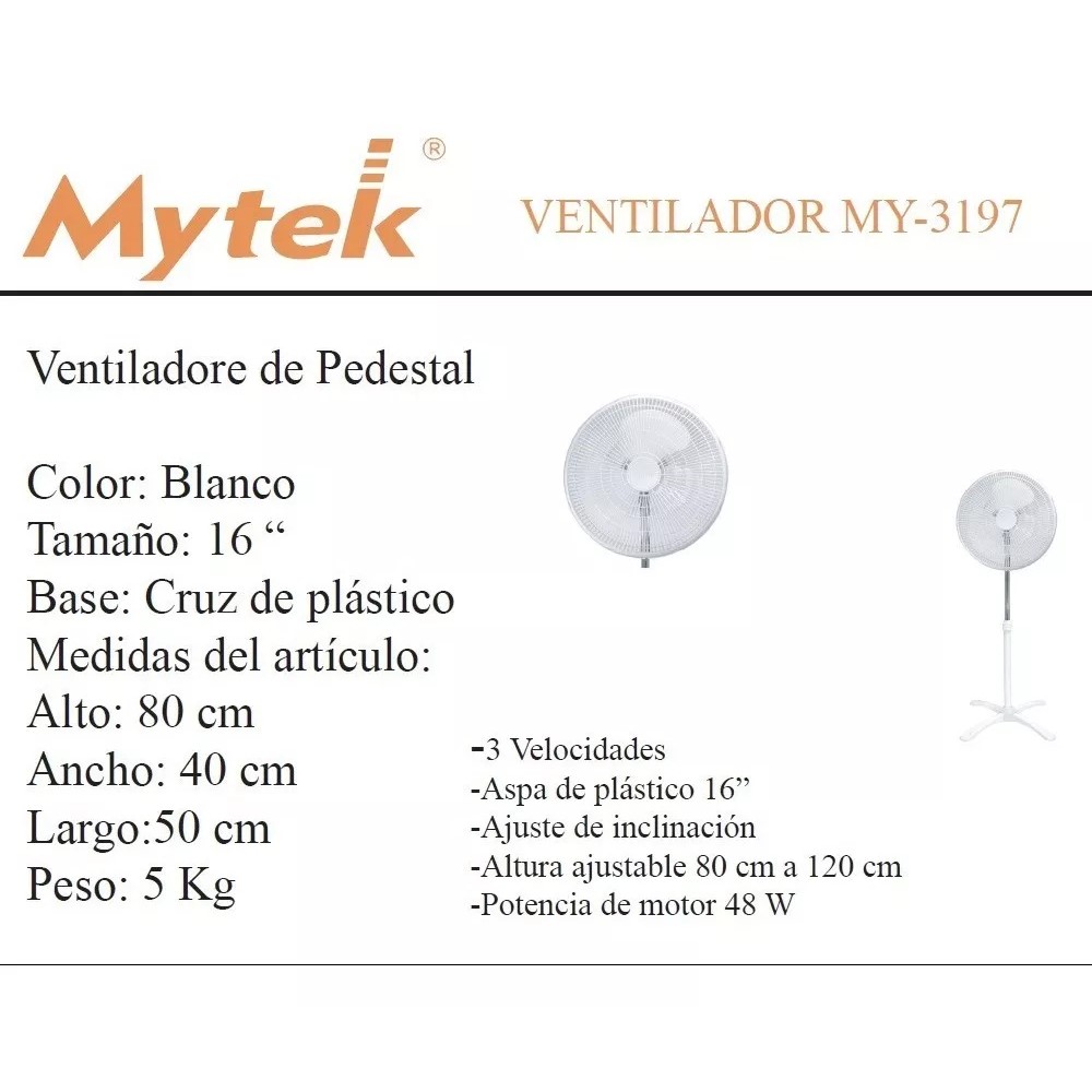 Foto 5 pulgar | Ventilador Mytek 3197 color Blanco de Pedestal 16 " 3 Velocidades