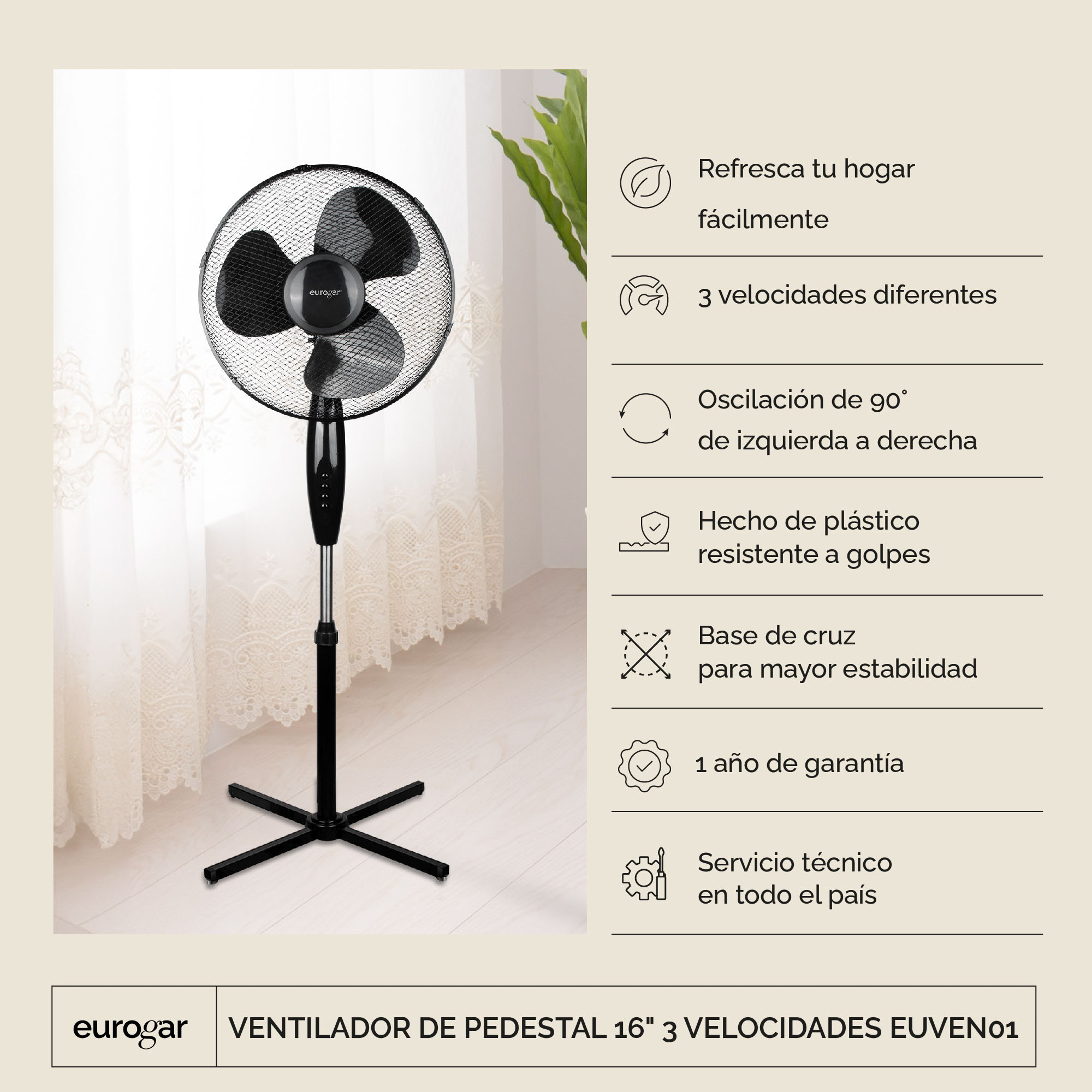 Foto 3 pulgar | Ventilador De Pedestal 16” 3 Velocidades Con Oscilación Euven01 Eurogar