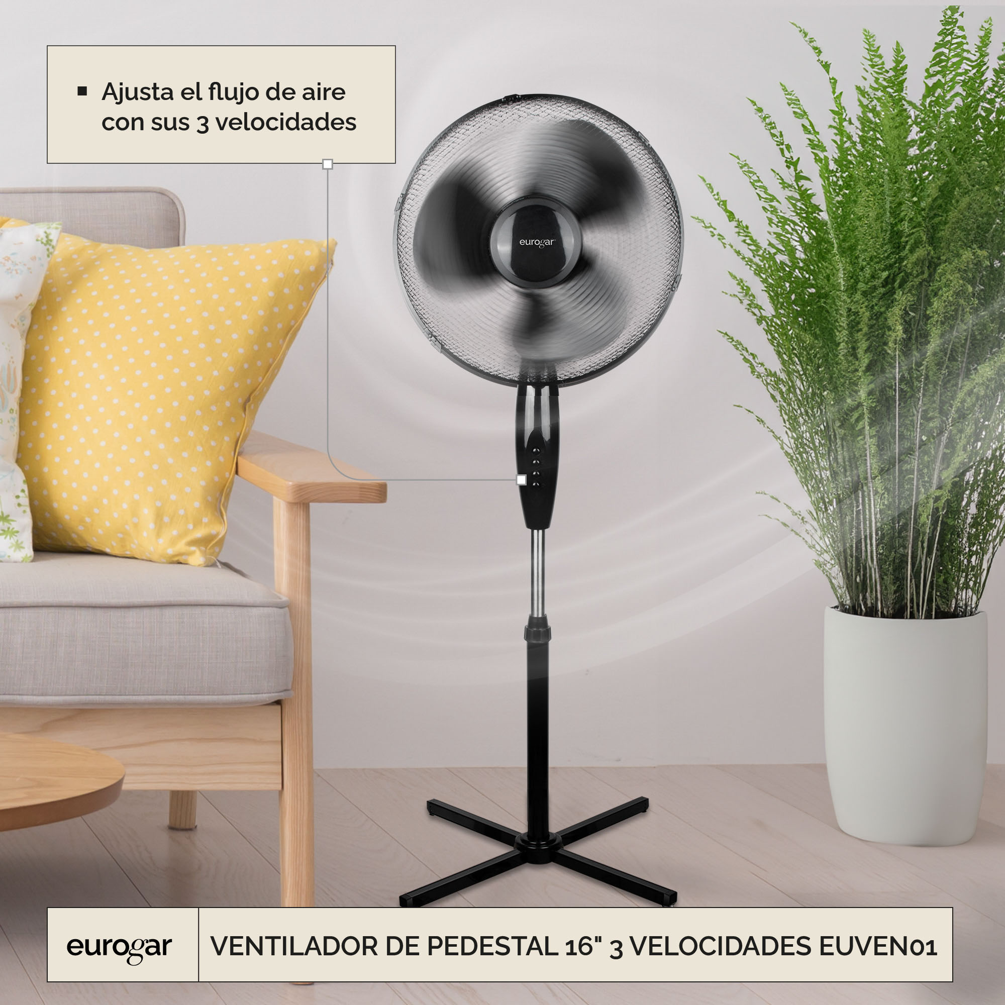 Foto 3 | Ventilador De Pedestal 16” 3 Velocidades Con Oscilación Euven01 Eurogar