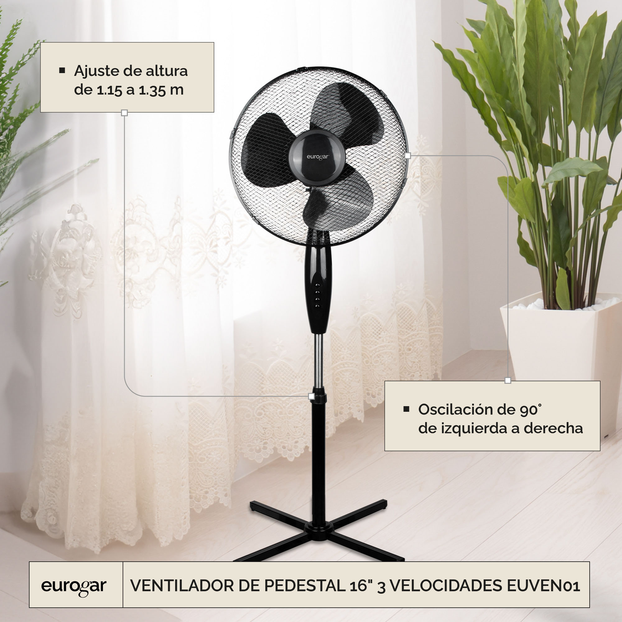 Foto 5 pulgar | Ventilador De Pedestal 16” 3 Velocidades Con Oscilación Euven01 Eurogar