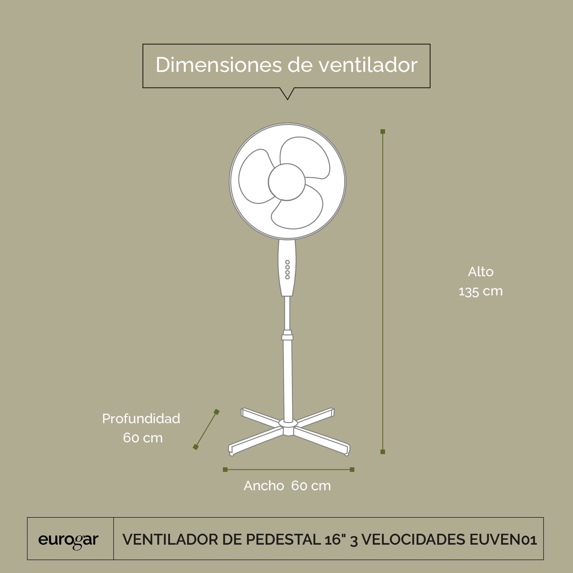 Foto 6 pulgar | Ventilador De Pedestal 16” 3 Velocidades Con Oscilación Euven01 Eurogar