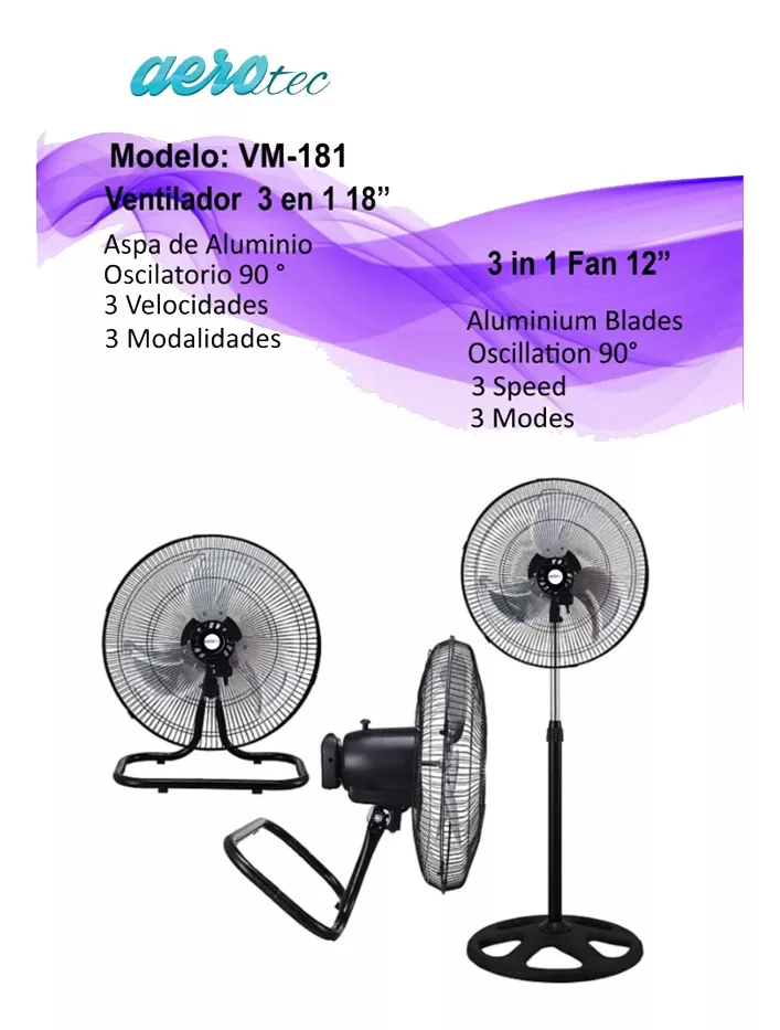 Foto 6 pulgar | Ventilador 3 en 1 Aerotec VM-181 Negro de 18'' con Aspas Metálicas