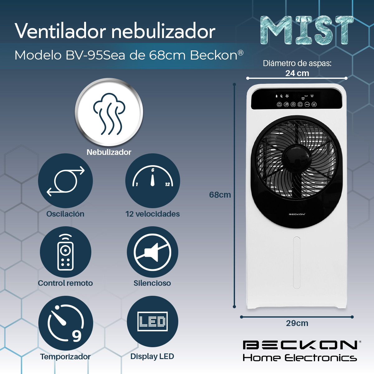 Foto 3 pulgar | Ventilador Humidificador Rociador Nebulizador Brisa Agua 68cm De Alto Premium Beckon Bv-95sea Silencioso Control Remoto