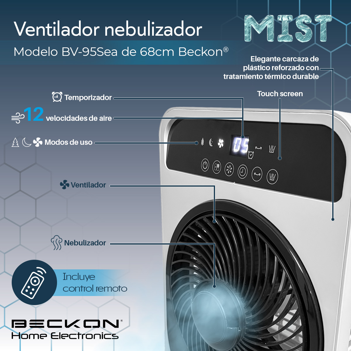 Foto 5 pulgar | Ventilador Humidificador Rociador Nebulizador Brisa Agua 68cm De Alto Premium Beckon Bv-95sea Silencioso Control Remoto