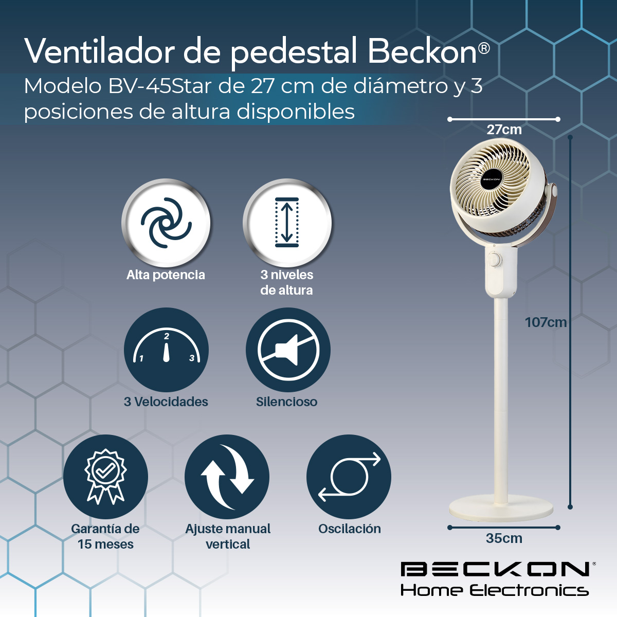 Foto 4 pulgar | Ventilador De Pedestal Decorativo Premium Beckon Bv-45star Alta Potencia 27cm De Diámetro 3 Posiciones De Altura Os