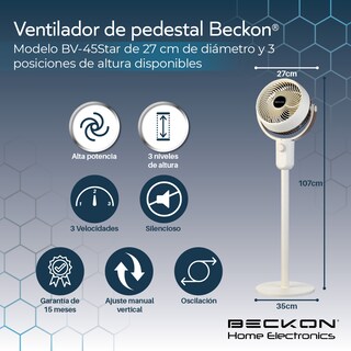 Foto 3 | Ventilador De Pedestal Decorativo Premium Beckon Bv-45star Alta Potencia 27cm De Diámetro 3 Posiciones De Altura Os