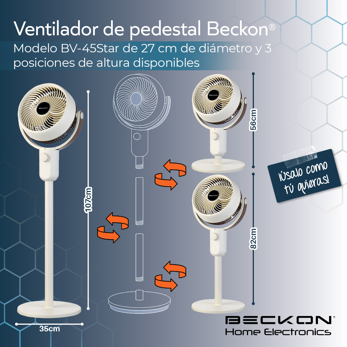 Foto 4 | Ventilador De Pedestal Decorativo Premium Beckon Bv-45star Alta Potencia 27cm De Diámetro 3 Posiciones De Altura Os
