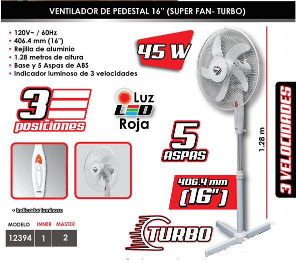 Foto 4 pulgar | Ventilador Pedestal 16'' 3 Velocidades Turbo