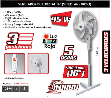 Foto 3 | Ventilador Pedestal 16'' 3 Velocidades Turbo