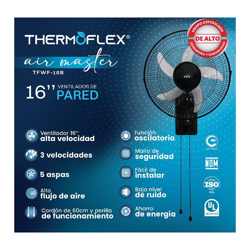 Foto 6 pulgar | Ventilador De Pared Thermoflex Tfwf-16b 16'', 5 Aspas, 3 Velocidades, Fácil De Instalar, Negro