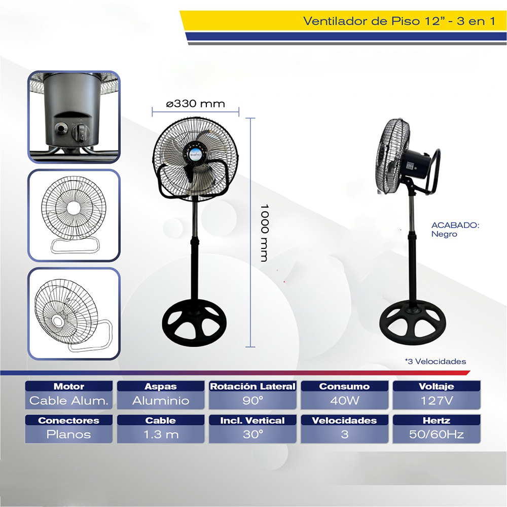 Foto 9 pulgar | Cityluz Ventilador 3 En 1 De 12'' Con 3 Velocidades Y Aspas De Aluminio 40w