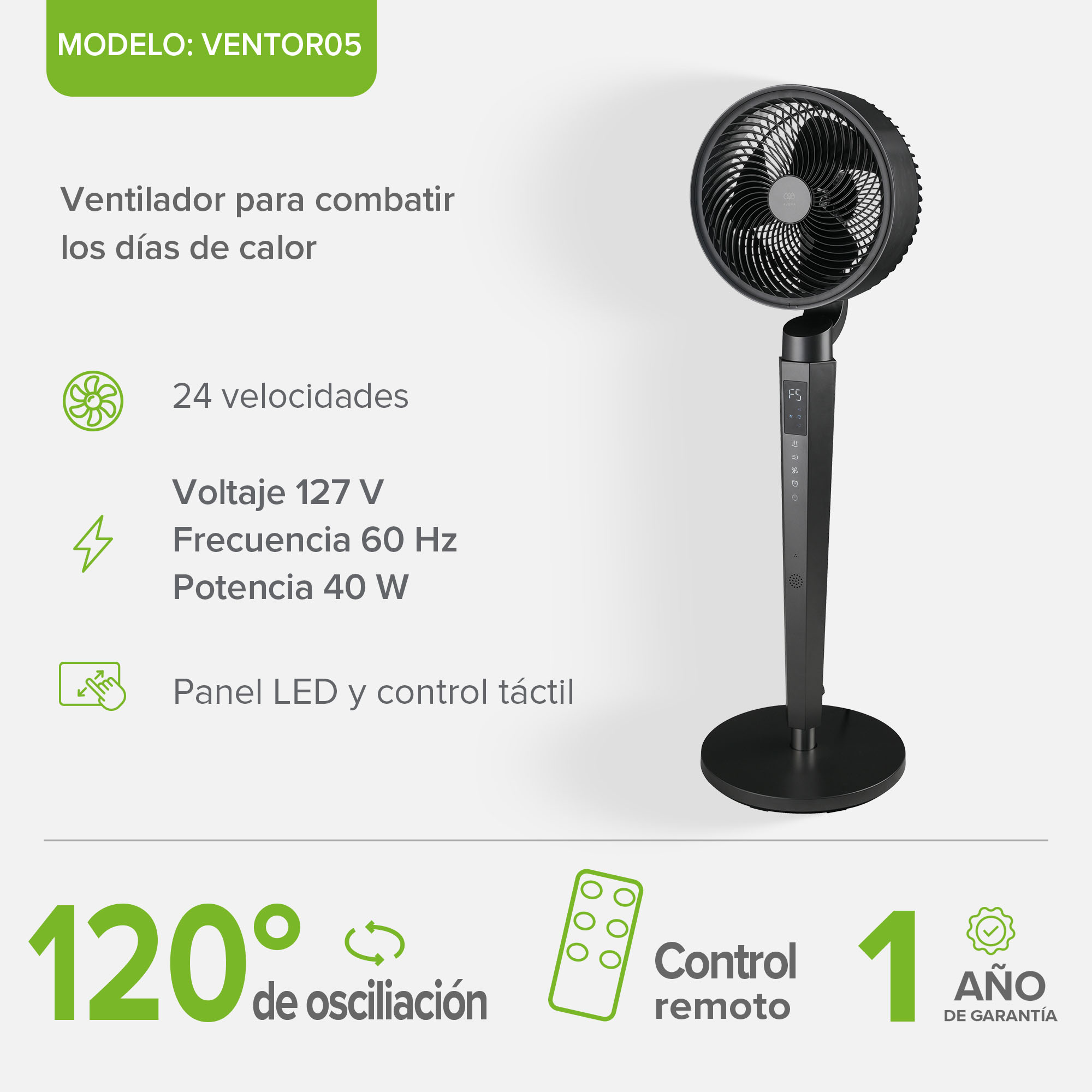 Foto 4 pulgar | Ventilador De Pie 360° Ultra Silencioso, 24 Velocidades, Panel Digital Táctil Y Control Remoto
